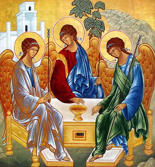 The Trinity — Andrei Rublev, circa 1411. Three angels seated at the table of Abraham.